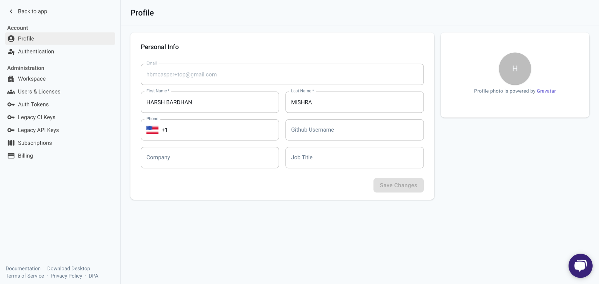Account settings in sidebar